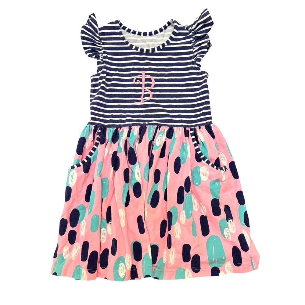 Kelly's‎ Kids Striped Anchor Pocket Dress Pink Blue Dot Ruffle Sleeve Size 6-7
